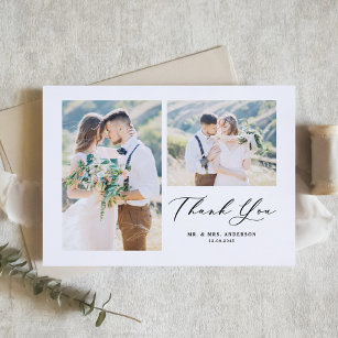 Black Whimsical Calligraphy Photo Collage Wedding Thank You Card