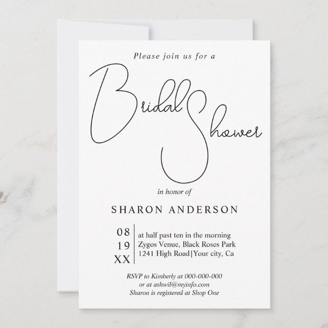 Black whimsical calligraphy Qr code bridal shower Invitation (Front)