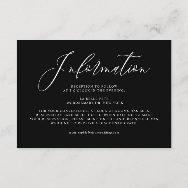 Black Whimsical Calligraphy Wedding Information Enclosure Card (Front)