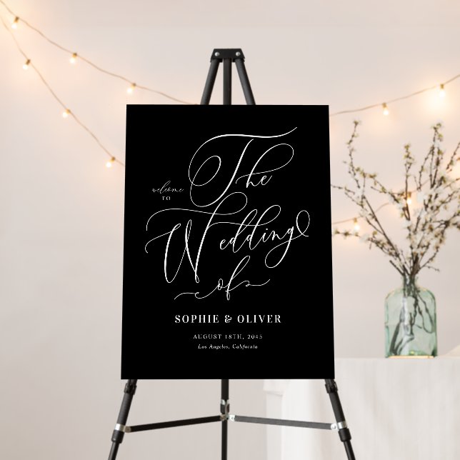 Black Whimsical Calligraphy Wedding Welcome Foam Board (In Situ (Stand))