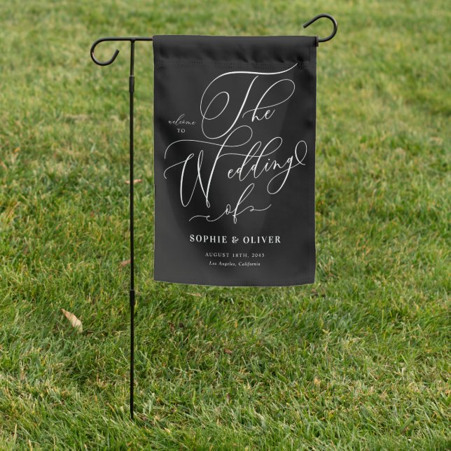 Black Whimsical Calligraphy Wedding Welcome Garden Flag (In SItu)