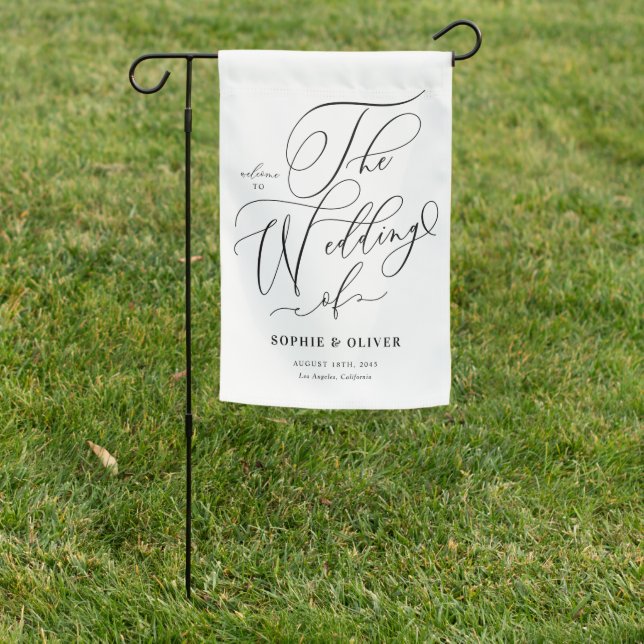 Black Whimsical Calligraphy Wedding Welcome Garden Flag (In SItu)