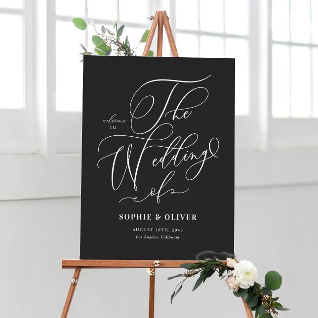 Black Whimsical Calligraphy Wedding Welcome Poster (Customizable Black and White Whimsical Calligraphy Wedding Welcome Sign)