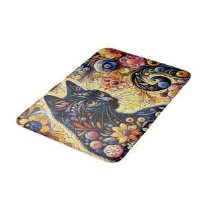 Black Whimsical Cat Abstract Floral Painting Art Bath Mat