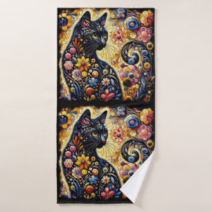 Black Whimsical Cat Abstract Floral Painting Art Bath Towel