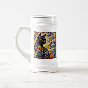Black Whimsical Cat Abstract Floral Painting Art Beer Stein