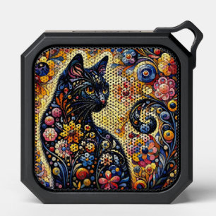 Black Whimsical Cat Abstract Floral Painting Art  Bluetooth Speaker