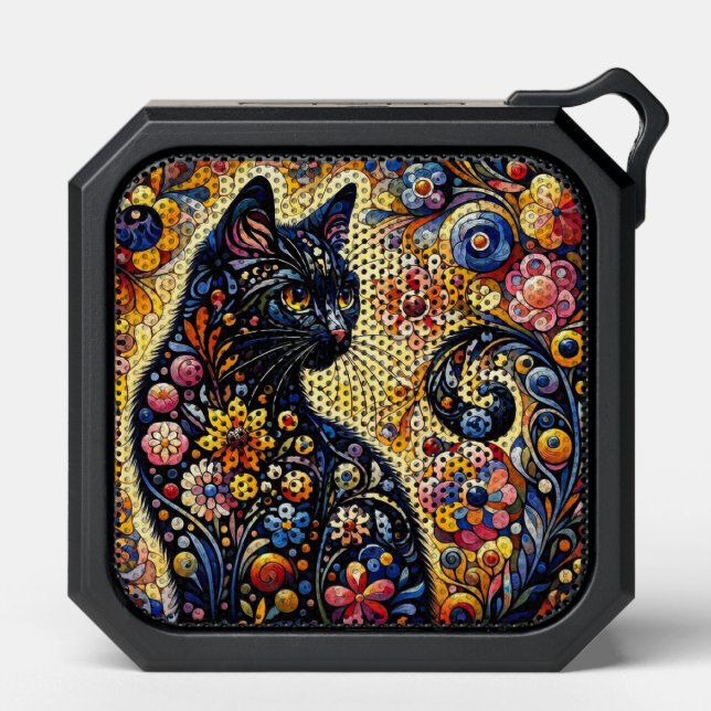 Black Whimsical Cat Abstract Floral Painting Art  Bluetooth Speaker (Front)