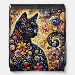 Black Whimsical Cat Abstract Floral Painting Art  Drawstring Bag