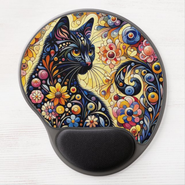 Black Whimsical Cat Abstract Floral Painting Art  Gel Mouse Pad (Front)