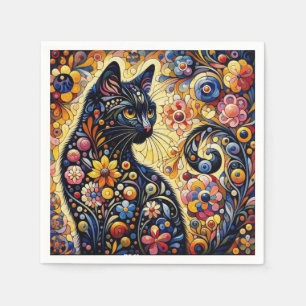 Black Whimsical Cat Abstract Floral Painting Art Napkins