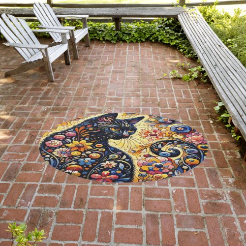 Black Whimsical Cat Abstract Floral Painting Art  Outdoor Rug