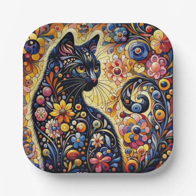 Black Whimsical Cat Abstract Floral Painting Art  Paper Plates (Front)