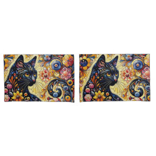 Black Whimsical Cat Abstract Floral Painting Art  Pillow Case