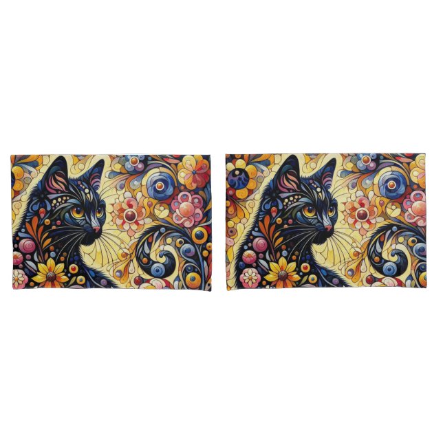 Black Whimsical Cat Abstract Floral Painting Art  Pillow Case (Front-Set)