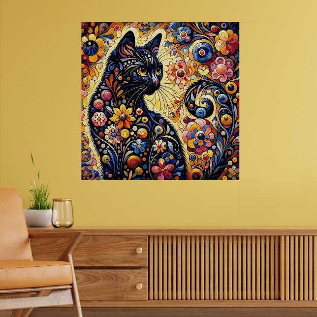 Black Whimsical Cat Abstract Floral Painting Art  Poster (Living Room 2)