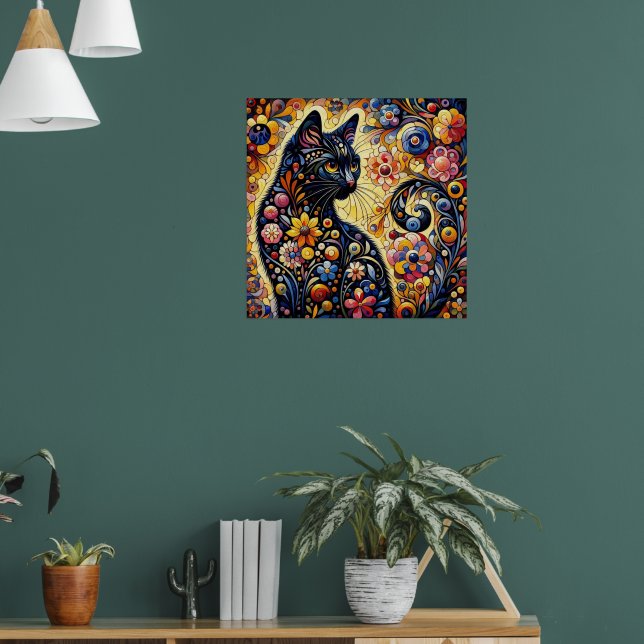 Black Whimsical Cat Abstract Floral Painting Art  Poster (Living Room 1)