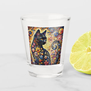 Black Whimsical Cat Abstract Floral Painting Art  Shot Glass