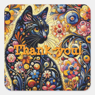 Black Whimsical Cat Abstract Floral Painting Art Square Sticker