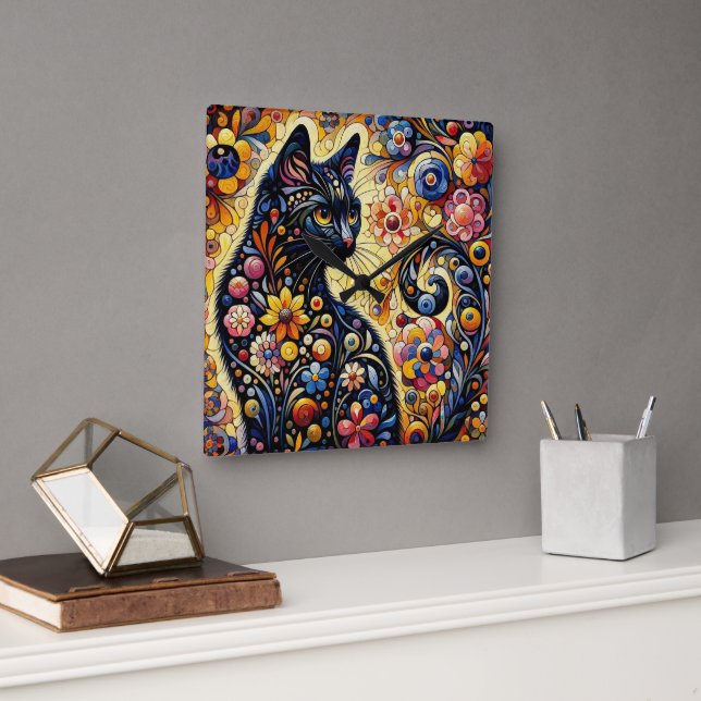 Black Whimsical Cat Abstract Floral Painting Art  Square Wall Clock (Office)