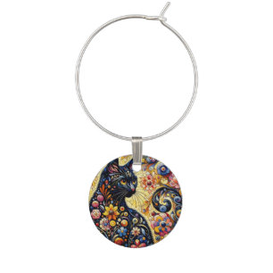 Black Whimsical Cat Abstract Floral Painting Art  Wine Charm