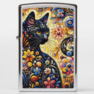 Black Whimsical Cat Abstract Floral Painting Art Zippo Lighter