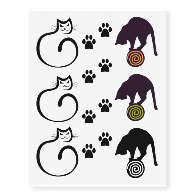 Black Whimsical Cats Set Temporary Tattoos (Front)