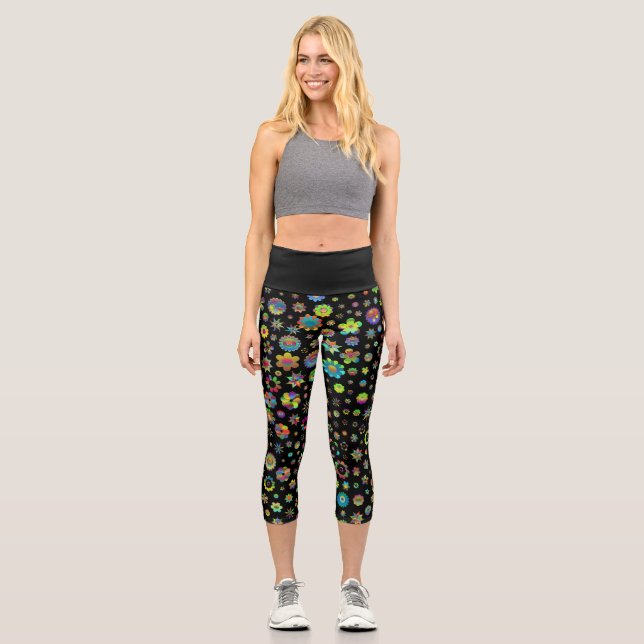Black Whimsical Colorful Flowers Capri Leggings (Front)