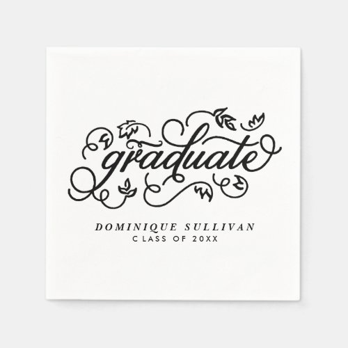 Black Whimsical Floral Script Graduation Napkins