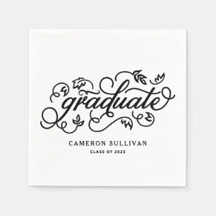 Black Whimsical Floral Script Graduation Napkins