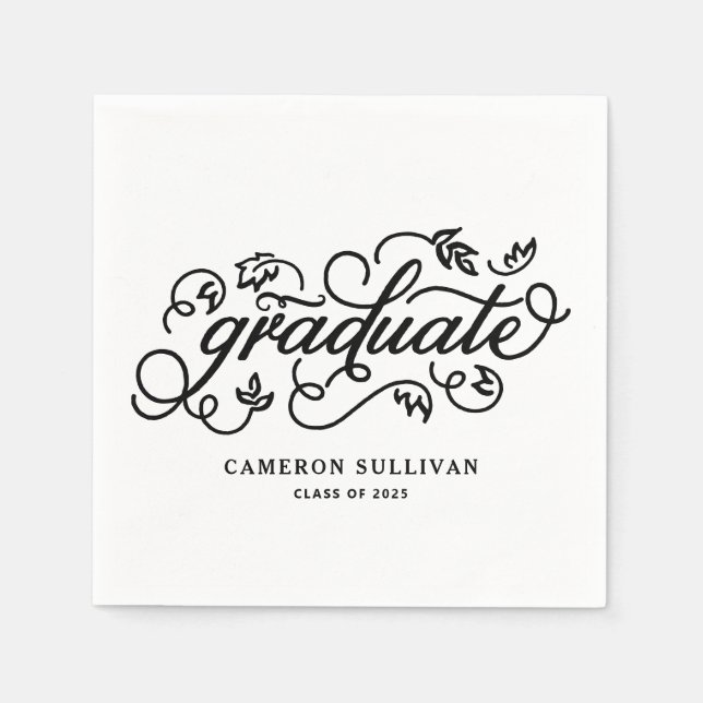 Black Whimsical Floral Script Graduation Napkins (Front)