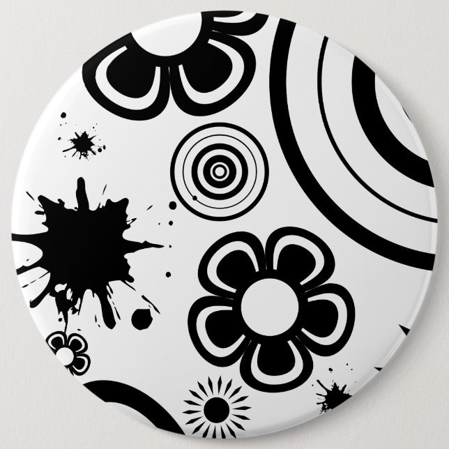 Black Whimsical Flowers, Circles, Splatter Pattern Pinback Button (Front)
