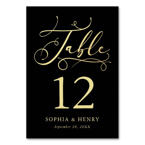 Black Whimsical Gold Calligraphy Table Number