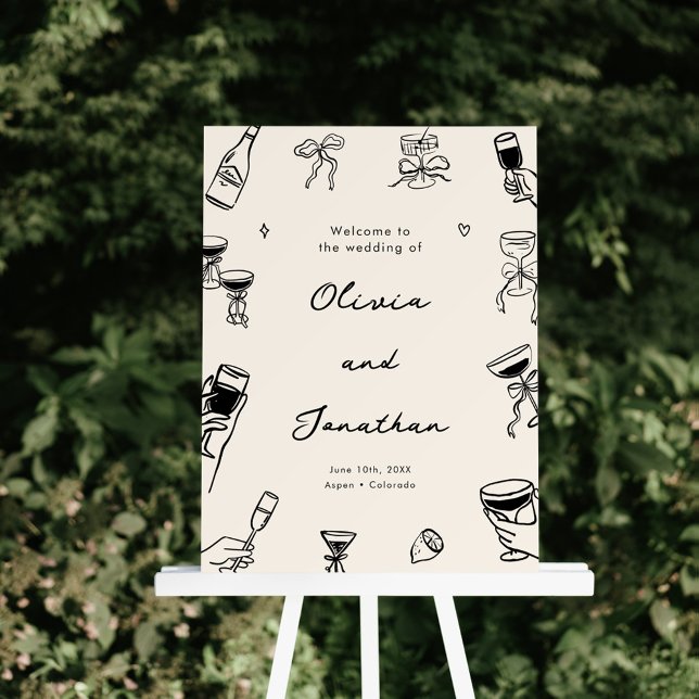 Black Whimsical Hand Drawn Quirky Wedding Welcome Foam Board (Creator Uploaded)
