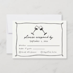 Black Whimsical Hand Drawn Vineyard Wedding RSVP Card