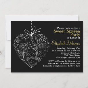 Black Whimsical Heart Sweet Sixteen Invitation