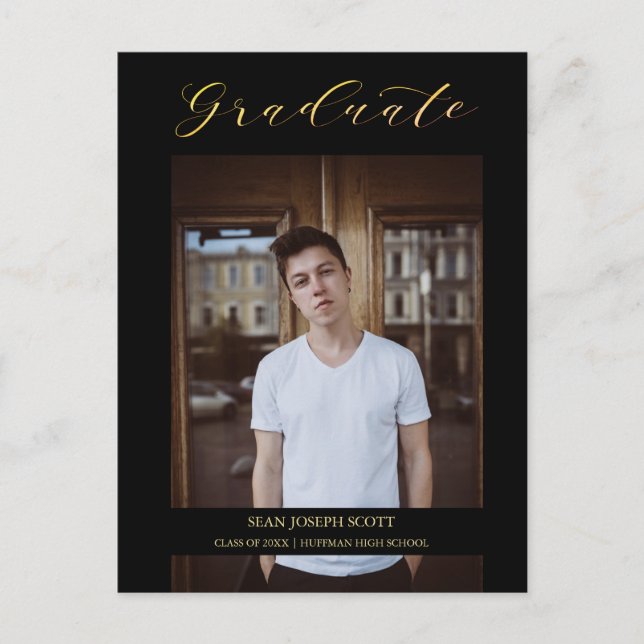 Black Whimsical Modern Calligraphy Photo Graduate Postcard (Front)