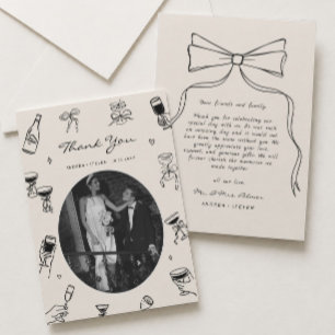 Black Whimsical Photo Hand Drawn Wedding Thank You Card