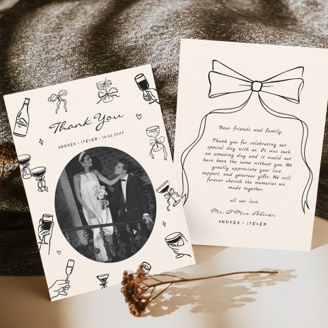 Black Whimsical Photo Hand Drawn Wedding  Thank You Card (Creator Uploaded)