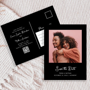 Black Whimsical Photo QR Code Save The Date Announcement Postcard
