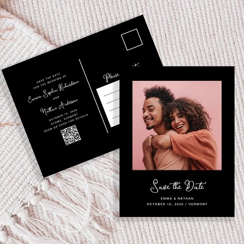 Black Whimsical Photo  QR Code Save The Date Announcement Postcard