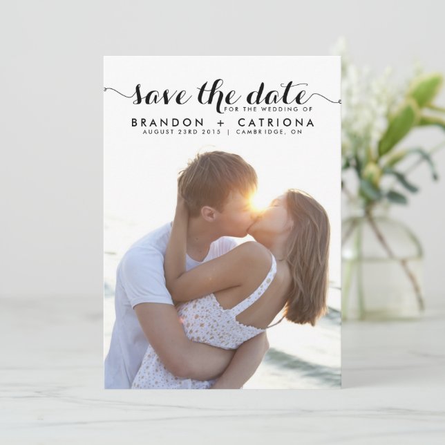 Black Whimsical Script Overlay Photo Save The Date (Standing Front)