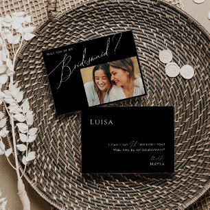 Black Whimsical Script Photo Bridesmaid Card