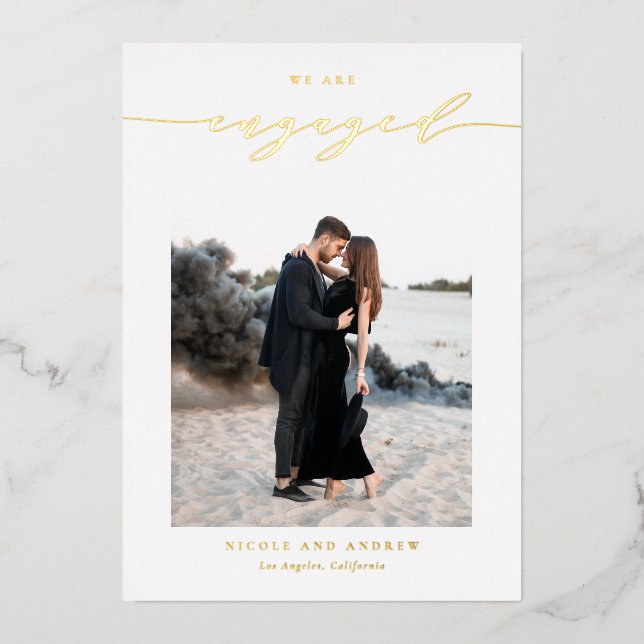 Black Whimsical Script Photo Engagement Foil Invitation (Front)