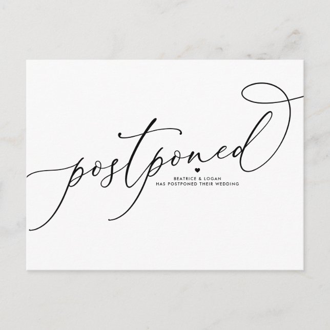 Black Whimsical Script Postponed Wedding Announcement Postcard (Front)