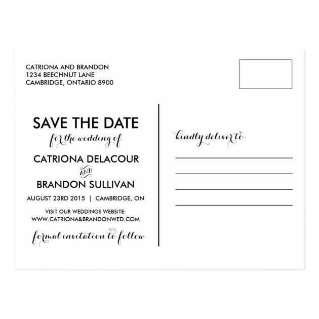 BLACK WHIMSICAL SCRIPT SAVE THE DATE POSTCARD