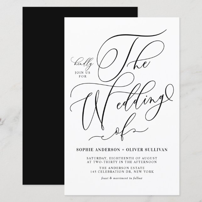 Black Whimsical Script Wedding Invitation (Front/Back)