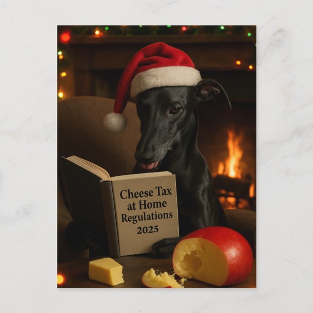 Black Whippet 'Cheese Tax' Christmas postcard (Front)