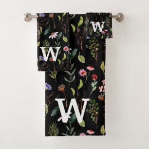 black whit &pink wildflower watercolor Monogram Bath Towel Set