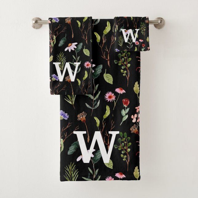 black whit &pink wildflower watercolor Monogram Bath Towel Set (Insitu)